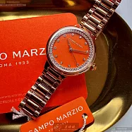 CAMPO MARZIO凱博馬爾茲精品錶,編號：CMW0030,28mm圓形玫瑰金精鋼錶殼橘色錶盤精鋼玫瑰金色錶帶