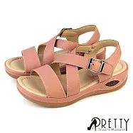 【Pretty】女 涼鞋 厚底涼鞋 小坡跟 沾黏帶 皮革 交叉 台灣製 EU40 粉紅色