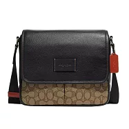 COACH 緹花拼接皮革翻蓋斜背包-卡其黑