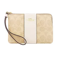 COACH 經典老花系列 皮革拉鍊手拿包零錢包 沙色x米白色