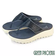 【GREEN PHOENIX】女 拖鞋 夾腳拖鞋 厚底 小坡跟 輕量 水鑽 彈力 吸震減壓 EU35 藍色