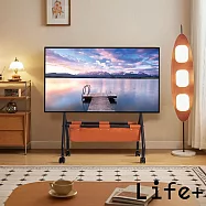 Life+ 32-75吋可移動式電視架/電視掛架/電視推車(附皮革收納籃)_2款任選 _YSTC-07B消光黑