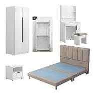 IDEA-歐文現代皮革雙人五尺寢室雪白五件組(多組可選.運費另計) 淺棕色床組/雙桿衣櫃(無抽屜)