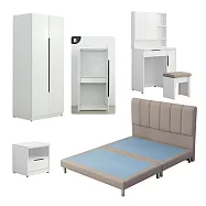 IDEA-歐文現代皮革雙人五尺寢室雪白五件組(多組可選.運費另計) 淺棕色床組/雙桿衣櫃(有抽屜)