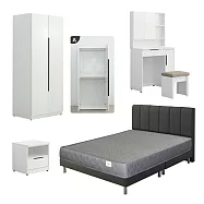 IDEA-歐文現代皮革雙人五尺寢室雪白六件組(多組可選.運費另計) 深灰色床組/雙桿衣櫃(無抽屜)
