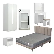 IDEA-歐文現代皮革雙人五尺寢室雪白六件組(多組可選.運費另計) 淺棕色床組/雙桿衣櫃(有抽屜)