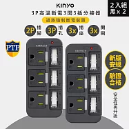 2入組-KINYO 3P3開3多插頭分接器/分接式插座 (GI-333) 高溫斷電- 黑色2入