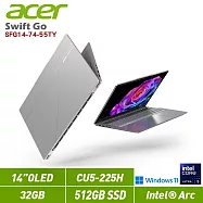 ★贈ACER滑鼠★ ACER 宏碁 Swift GO 14 SFG14-74-55TY 14吋 筆電(CU5-225H/32G/512G/W11/2年保)