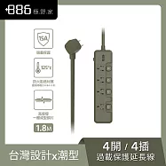 +886 [極野家] 4開4插過載保護延長線1.8米 V2 HPS2440 (3色可選) 軍綠