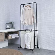 【H&R 安室家】多功能雙層衣架 洗衣籃滑輪推車 2色可選 BN141(髒衣籃/置物籃/收納架/置物架/掛衣架) 白色