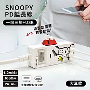 【正版授權】SNOOPY史努比 一開三插PD+QC延長線1.2M(附紅屋造型防塵塞) 大耳款