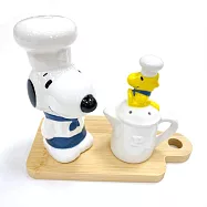 日本MARIMO CRAFT史奴比糊塗塌客SNOOPY主廚房調味料香料罐組SPZ-2882/3503/3504(陶瓷製;附底座;適鹽黑胡椒辣椒粉七味粉) 藍(藍圍裙)