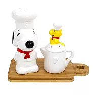 日本MARIMO CRAFT史奴比糊塗塌客SNOOPY主廚房調味料香料罐組SPZ-2882/3503/3504(陶瓷製;附底座;適鹽黑胡椒辣椒粉七味粉) 紅(白圍裙)