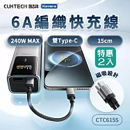 (2入) CUKTECH 酷態科 磁吸編織充電傳輸快充線 CTC615S 6A 15cm黑色 240W Type-C PD E-marker