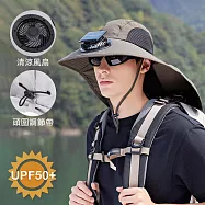 【APEX】太陽能風扇遮陽漁夫帽 (防曬帽 大簷披肩漁夫帽 遮陽帽 釣魚帽 登山帽 涼感帽 太陽帽) 軍綠