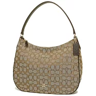 COACH 滿版LOGO織布拼接皮革肩背包-卡其咖