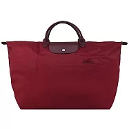 LONGCHAMP LE PLIAGE GREEN系列刺繡短把再生尼龍摺疊旅行袋(大) 紅石榴