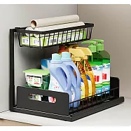 【COMET】36x27cm雙層抽拉式置物架(抽拉籃置物架 下水槽置物架 廚房置物架 廚房收納 收納架/E207) 黑色