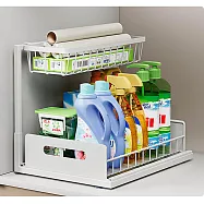 【COMET】36x27cm雙層抽拉式置物架(抽拉籃置物架 下水槽置物架 廚房置物架 廚房收納 收納架/E207) 白色