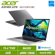 ★贈ACER滑鼠★Acer 宏碁 Aspire Lite AL15-32P-C2R2 銀 15.6吋筆電(N4500/4G/128G eMMC/W11S/2年保) 銀