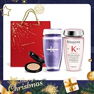 KERASTASE 卡詩 聖誕限量髮浴組[燦金絕色(250ml)+粉漾芯生(250ml)]-國際航空版附精品禮袋加贈 CNP 蜂膠能量霧感氣墊粉餅