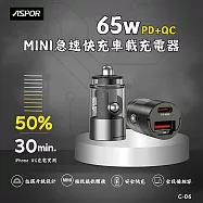 ASPOR 急速65W Mini快充PD+QC車載充電器(Type-C/USB-A)