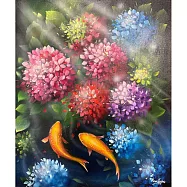 【玲廊滿藝】曾啟文-錦鯉悠遊繡球花叢60x50cm