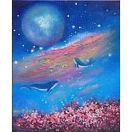 【玲廊滿藝】許資晴-鯨魚與櫻花共舞星夜下27x22cm
