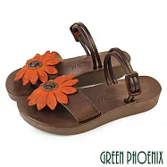 【GREEN PHOENIX】女 拖鞋 夾腳拖鞋 厚底拖鞋 全真皮 花朵 手工 台灣製 EU35 橙色