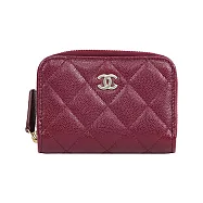 CHANEL 淡金色CC Logo 荔枝牛皮ㄇ形拉鍊零錢包_展示品 (酒紅色)