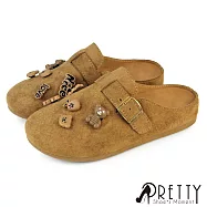 【Pretty】女 懶人拖鞋 半拖鞋 包頭拖鞋 穆勒鞋 前包後空鞋 仿麂皮 JP23 卡其色