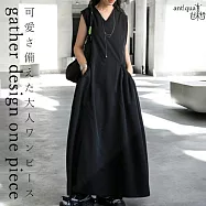 日本Antiqua|甜酷風|自然腰線|褶皺口袋短袖洋裝|防紫外線|均碼有口袋|單穿、疊穿、外搭 黑