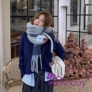 【Decoy】清新色系 方格拼接流蘇仿羊絨披肩圍巾/顏色可選 藏青