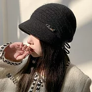 seoul show首爾秀 抽繩鑽標兔毛混紡雙層針織鴨舌帽防寒保暖堆堆帽 黑色