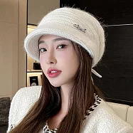 seoul show首爾秀 抽繩鑽標兔毛混紡雙層針織鴨舌帽防寒保暖堆堆帽 白色