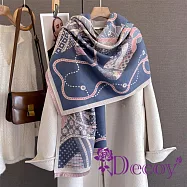 【Decoy】拼接木馬 雙面印花仿羊絨披肩圍巾/藍色 拼接木馬藍色