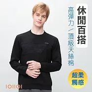 IOIIOI歐洲貴族 長袖圓領衫 T恤 胸前迷彩渲染工藝 舒適好穿天絲棉 XL 黑色