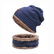 【KM生活 】時尚男女保暖防風絨毛刷毛針織毛帽脖圍超值組合_5色任選 高貴藍