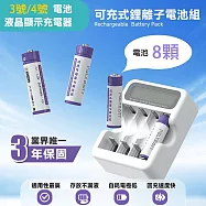 【POLYBATT】3號AA/4號AAA 可充式鋰電池(8顆)+專用液晶顯示充電器 3號(4顆)+4號(4顆)