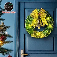 摩達客14吋時尚果綠系金蔥彎絲聖誕花圈+20燈LED暖白光燈串_本島免運費