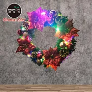 摩達客14吋浪漫朵朵聖誕花豪華綠色聖誕花圈福臨圈_紅金系+20燈LED彩光燈串_本島免運費