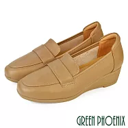 【GREEN PHOENIX】女 樂福鞋 便鞋 楔型鞋 小坡跟 全真皮 OL 通勤 EU35 卡其色