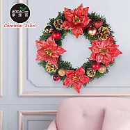摩達客14吋浪漫朵朵聖誕花豪華綠色聖誕花圈福臨圈_紅金系_台灣工藝免組裝