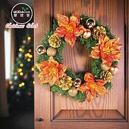 摩達客14吋浪漫朵朵聖誕花豪華綠色聖誕花圈福臨圈_珊瑚紅橙金系_台灣工藝免組裝