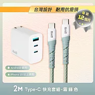 【REAICE】65W氮化鎵三孔PD快充組 頭+C to C 2M耐磨編織傳輸充電線(筆電/typeC/折疊式插腳/i17/安卓) 霧綠色+65W三孔頭