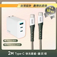 【REAICE】65W氮化鎵三孔PD快充組 頭+C to C 2M耐磨編織傳輸充電線(筆電/typeC/折疊式插腳/i17/安卓) 鐵灰棕+65W三孔頭
