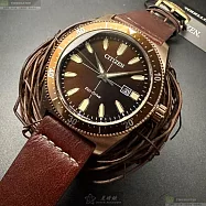 CITIZEN星辰精品錶,編號：CI00020,42mm圓形古銅色精鋼錶殼古銅色錶盤真皮皮革咖啡色錶帶