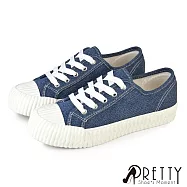 【Pretty】女 帆布鞋 休閒鞋 餅乾鞋 貝殼鞋 奶油頭 綁帶 復古 台灣製 JP23 牛仔色