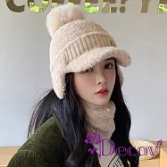 【Decoy】純色毛球 羊羔絨護耳針織鴨舌帽+圍脖/卡其 卡其