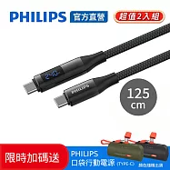 PHILIPS 限時超值兩入組 C to C 240W PD數位顯示編織快充線125cm 送口袋行動電源(DLC4582C-2+DLP2550C)